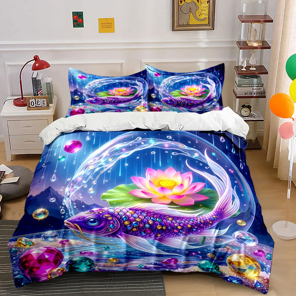 Crystal Jewel Koi with Lotus Duvet Cover Set with 3D Printing Design Soft Polyester Bedding Set All-Season Comfort for gifts