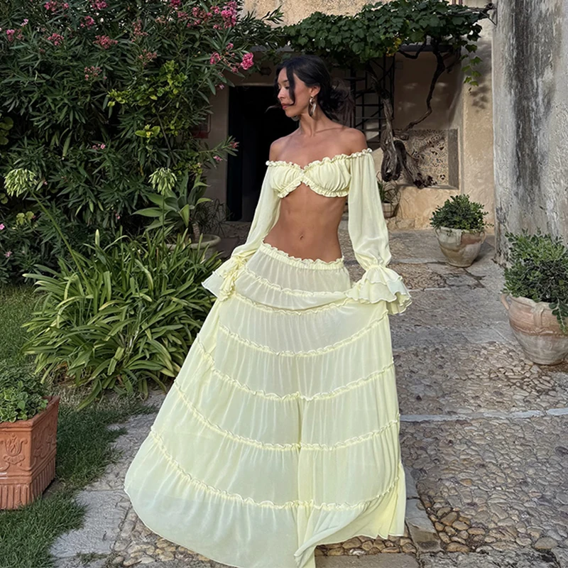 Elegant Yellow Off Shoulder 2 Piece Set Women Ruffled Sheer Chiffon Crop Top High Waist Maxi Skirt Summer Beach Vacation Outfit view 6