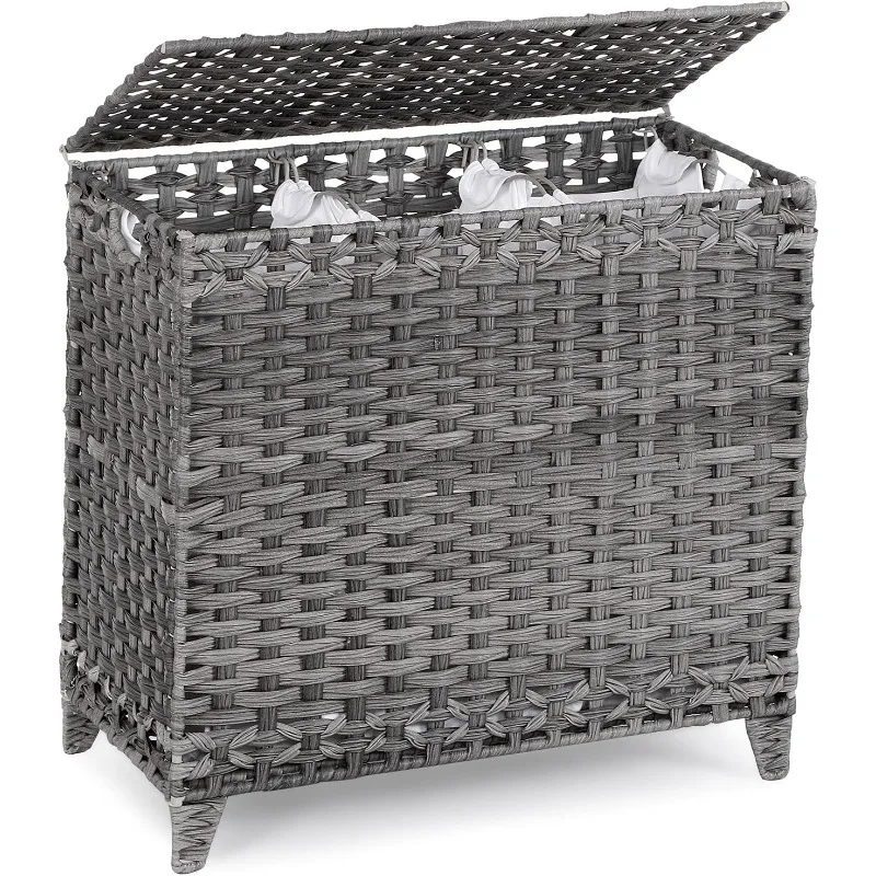 

Laundry Hamper with 3 Removable Liner Bags; 132L Handwoven Rattan Laundry Basket with Lid & Heightened Feet; Clothes Hamper