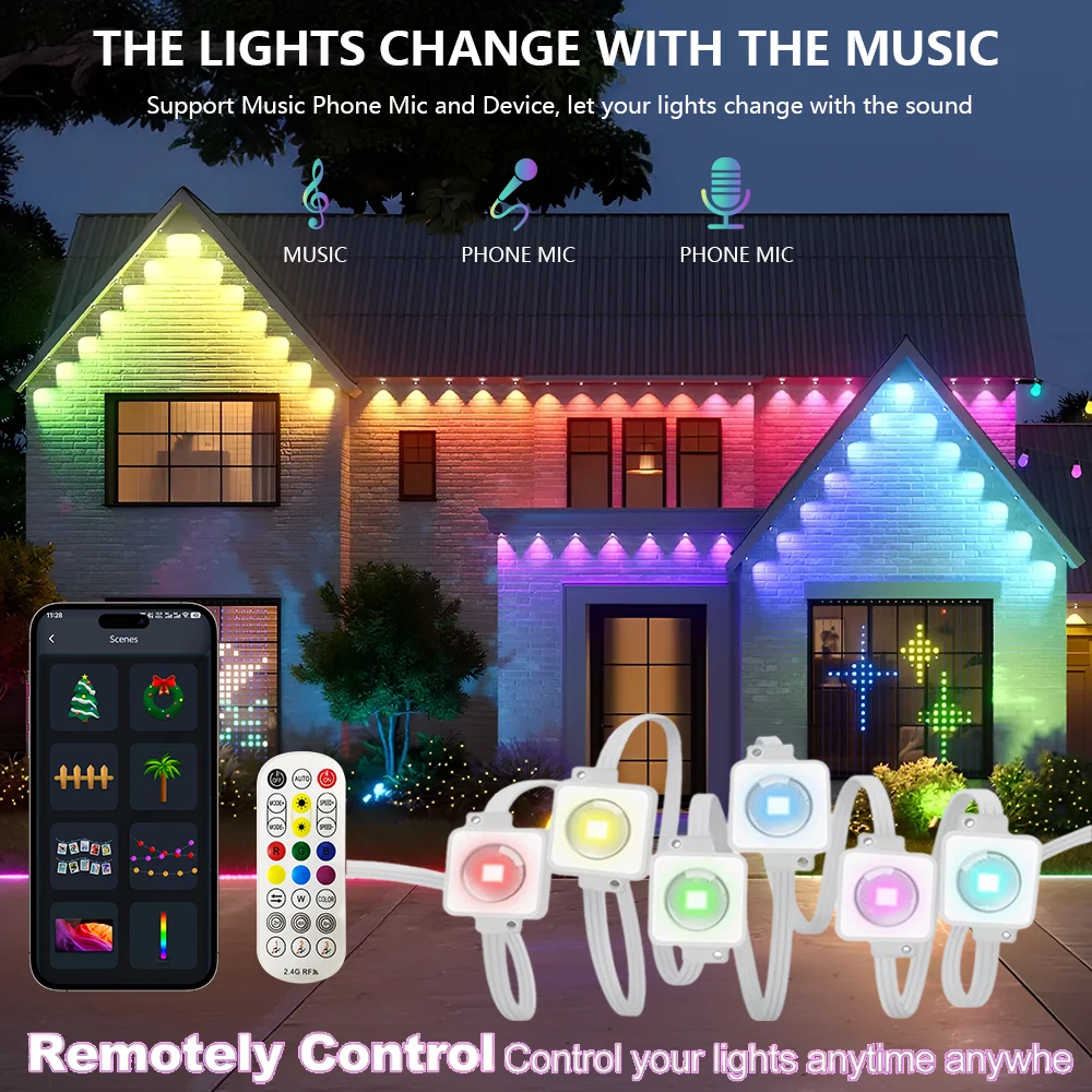 مصابيح LED دائمة للاستخدام الخارجي، 100 قدم 60 لمبة مقاومة للماء RGB، إضاءة حفلات مشهد عيد الميلاد DIY.