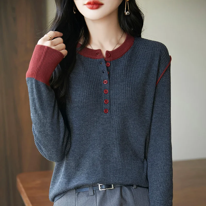 

Color Blocked Round Neck Imitation Wool Pullover For Women Long Sleeved Spring Autumn Fashionable Knitted Sweater Jumper Top