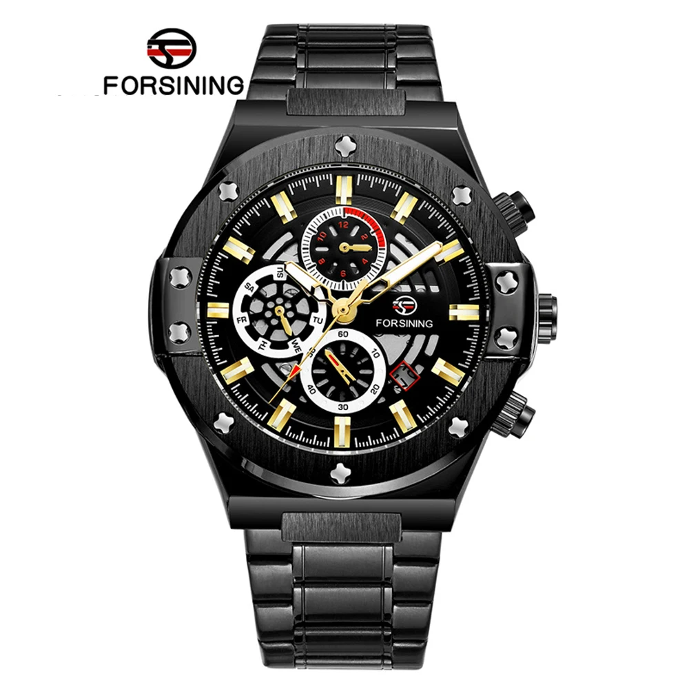 

Forsining Top Brand Automatic Mechanical Men Military Sport Male Luxury Gold Full Stainless Steel Skeleton Waterproof Watches