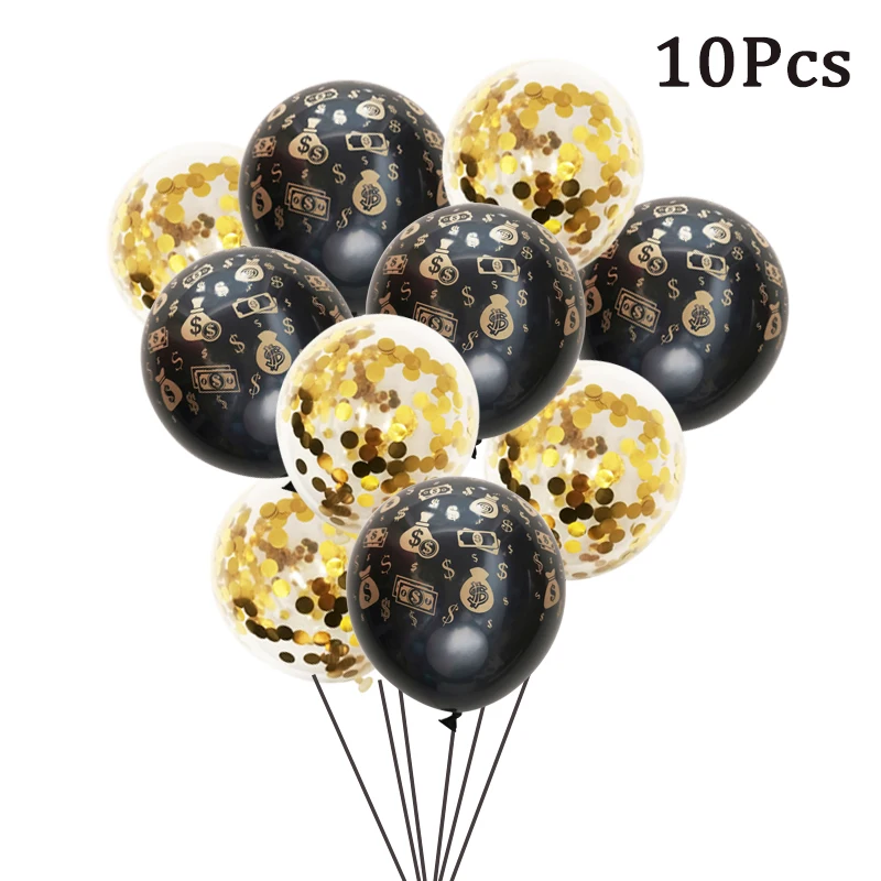 10Pcs 12inch Gold Black Dollar Currency Pattern Latex Confetti Balloon Happy Birthday Las Vegas Casino Party Decoration Supplies