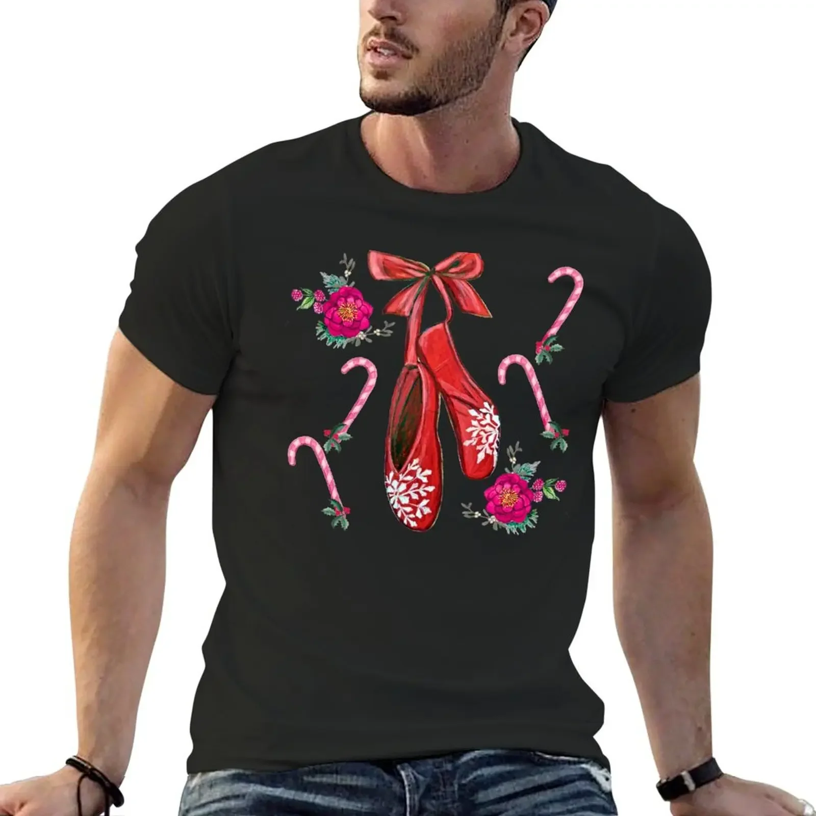 Christmas Ballet shoes with candy canes, Poinsettia , mistletoe and snowflakes T-Shirt Short sleeve tee mens designer t shirt