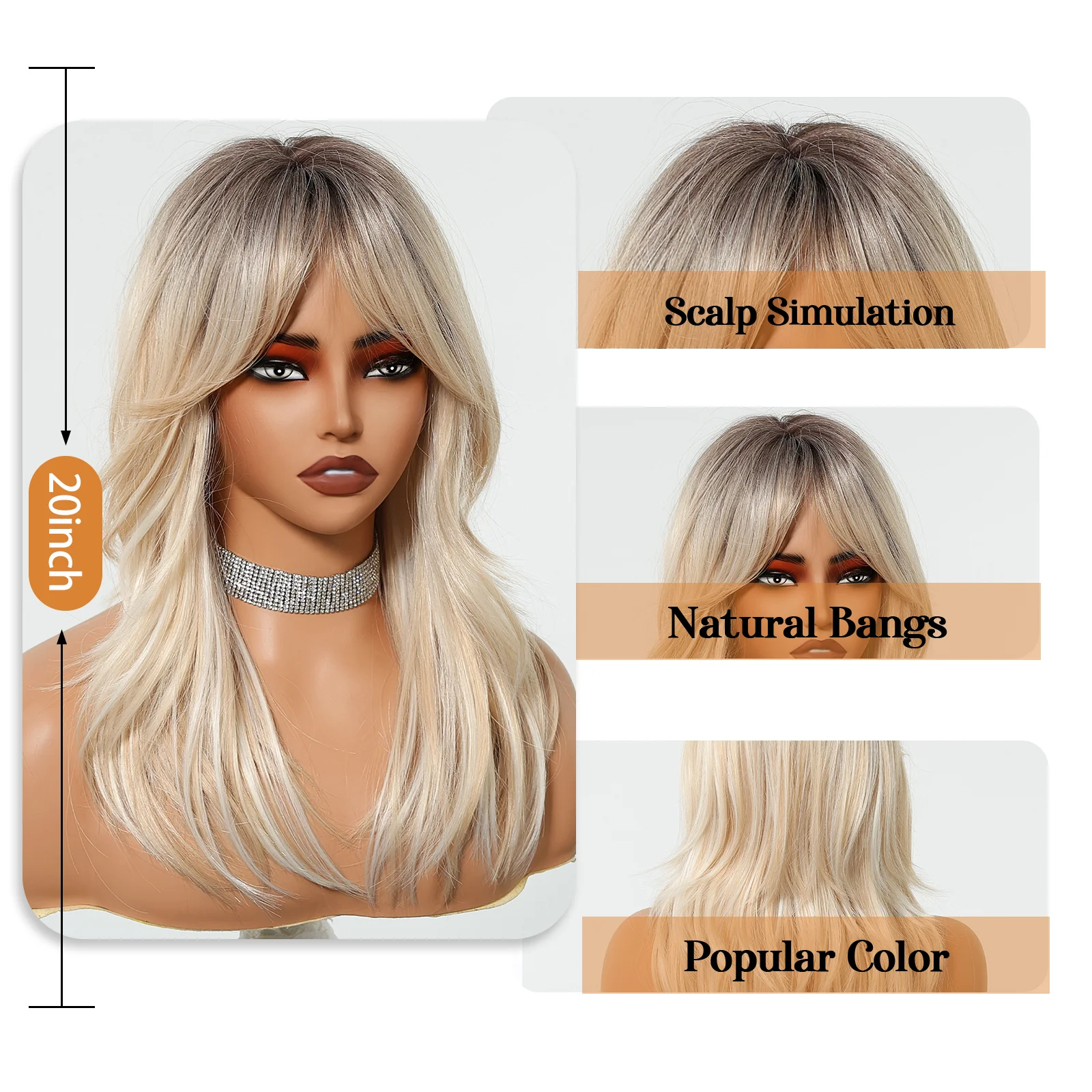 Ombre Blonde Mixed Platinum Synthetic Wig with Eight-character Bangs for Women Natural Layered Straight Wig Cosplay Lolita Wig