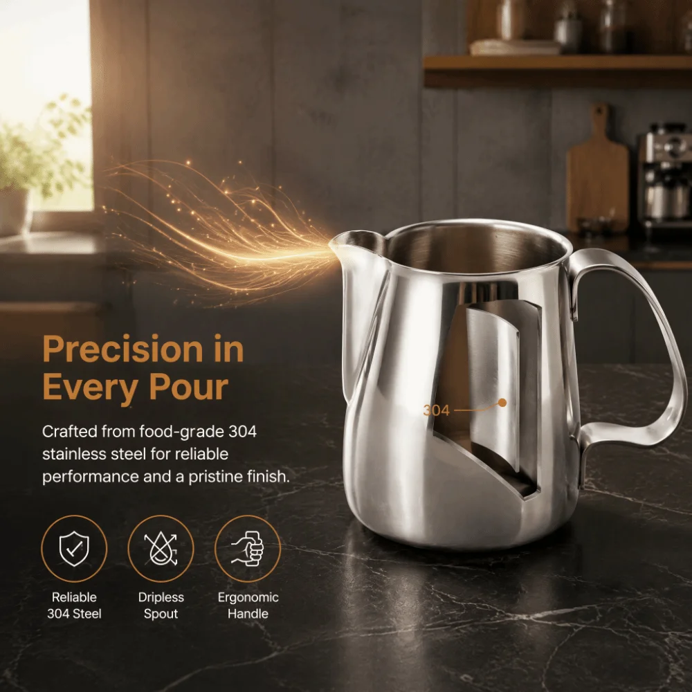 304 Stainless Steel Milk Frothing Pitcher 350ml Capacity 12.34oz 17.63oz 26.45oz Espresso Steaming Pitcher Dripless Spout