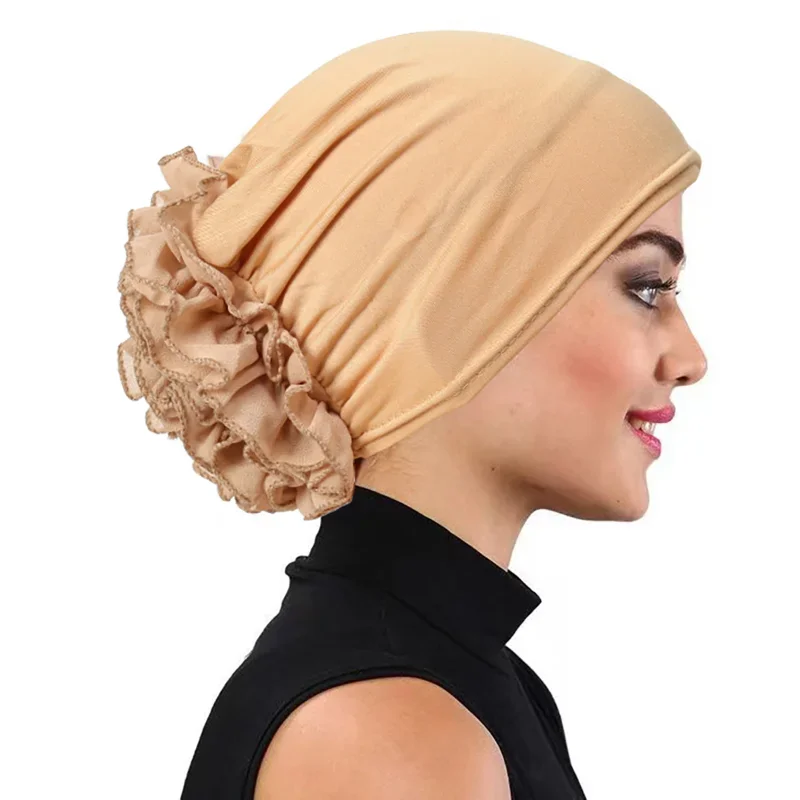 KepaHoo Solid Color Chiffon Flowers Turban Hijabs Fashion Ladies Head Wraps Muslim Hats Breathable Chemo Cap For Women Girls