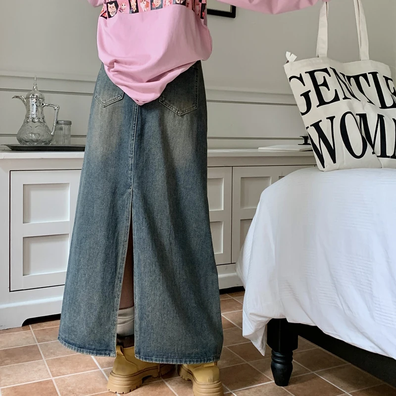 Vintage Blue Split Jeans Skirts Women High Waist Flip Waist A-Line Denim Skirt Long Skirt Y2K Trendy