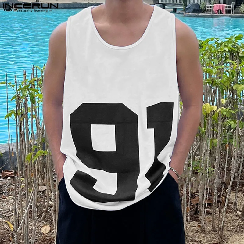 2024 INCERUN Korean Style Fashion Tanks Men Casual  Summer Sleeveless Tops Prined Simple Round neck Tees Streetwear Male Tops