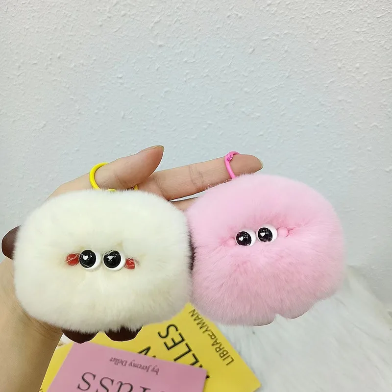 Real Otter Rabbit Hair Cute Bun Car Keychain Ins Plush Doll Bag Bookbag Pendant