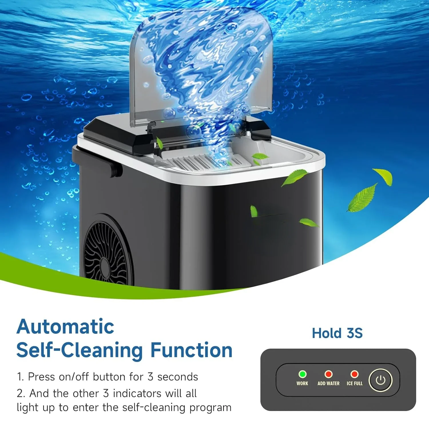 Convenient Self-Cleaning Ice Maker Machine with Handle for Countertop Use, Produces 26.5lbs of Ice in 24 Hours, Delivers 8 Cubes