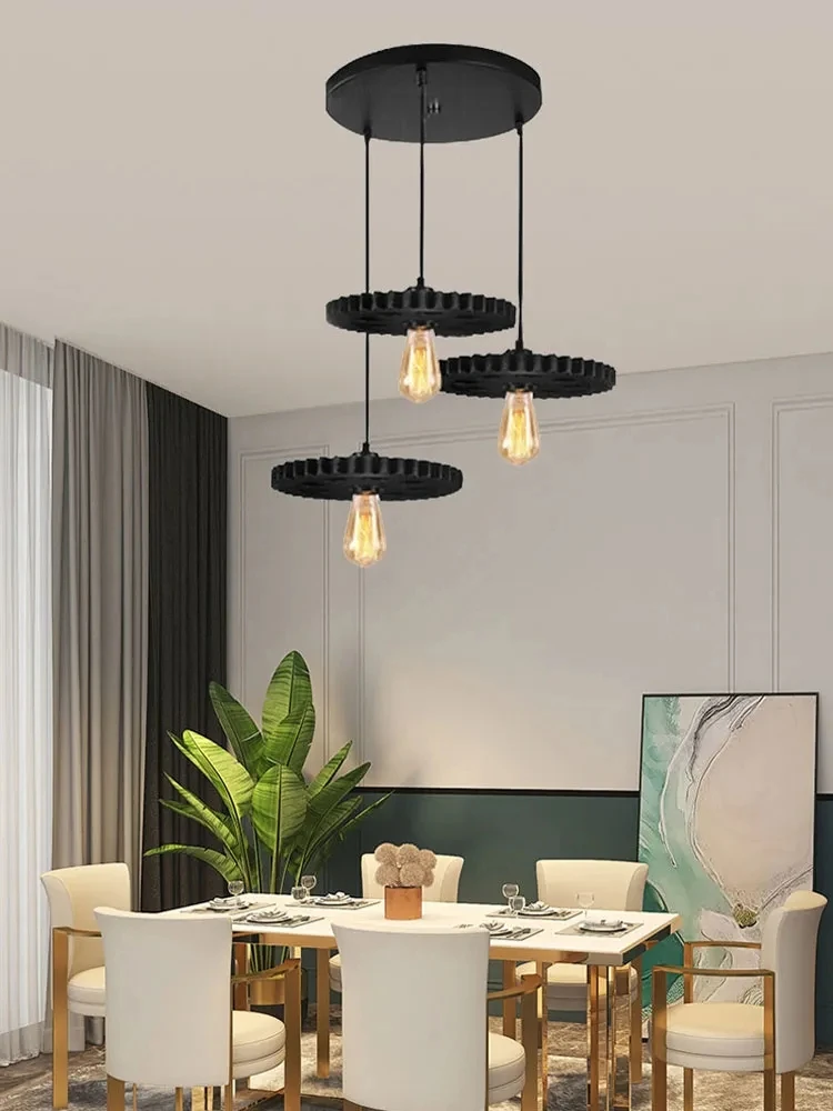 

American Retro industrial loft Pendant Lamp 3 Heads Long Bar Gear Wheel Restaurant Barber Shop Table Hanging Lamp Wood Chandelie