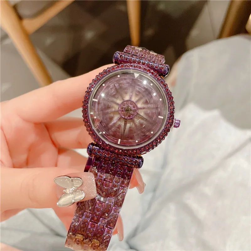 Cacaxi Brand Women Quartz Watches Full Diamond Rotating Dial Wristwatch Relojes Mujer Lady Purple Watch Relogio Feminino A302