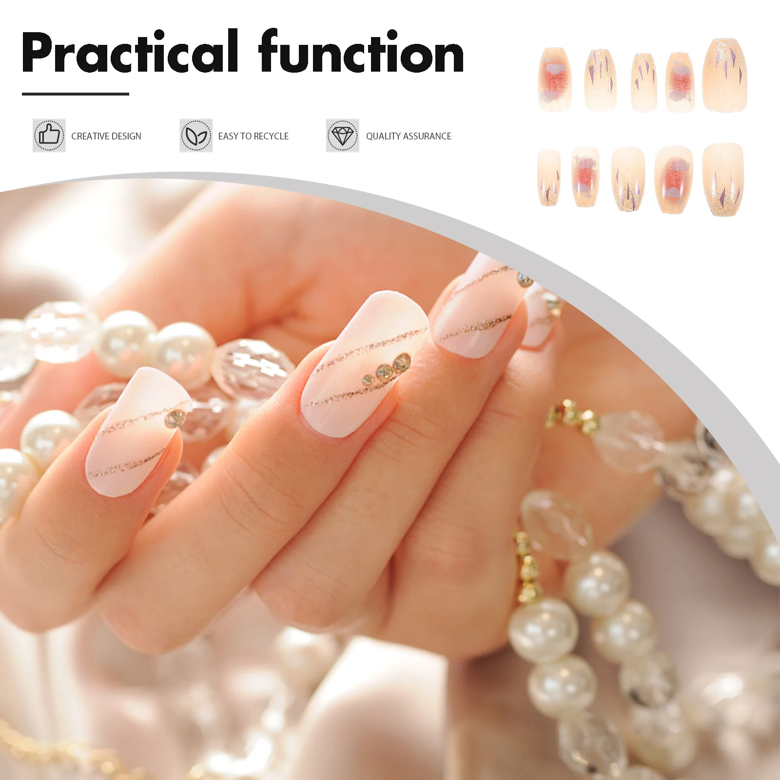 เล็บปลอมแบบกดติด 24 ชิ้น ใส ฉ่ำวาว แบบเต็มเล็บ ใช้ซ้ำได้ ทำจากอะคริลิก ลายเมฆโรแมนติก ติดง่าย