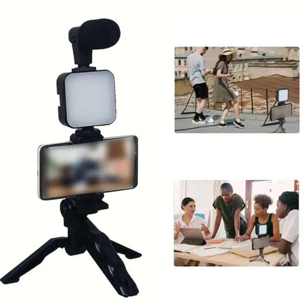 Rotating LED Fill Light Desktop Stand Set Handheld Tripod with Light and Microphone Phone Stand Stabilizer Foldable Lightweight