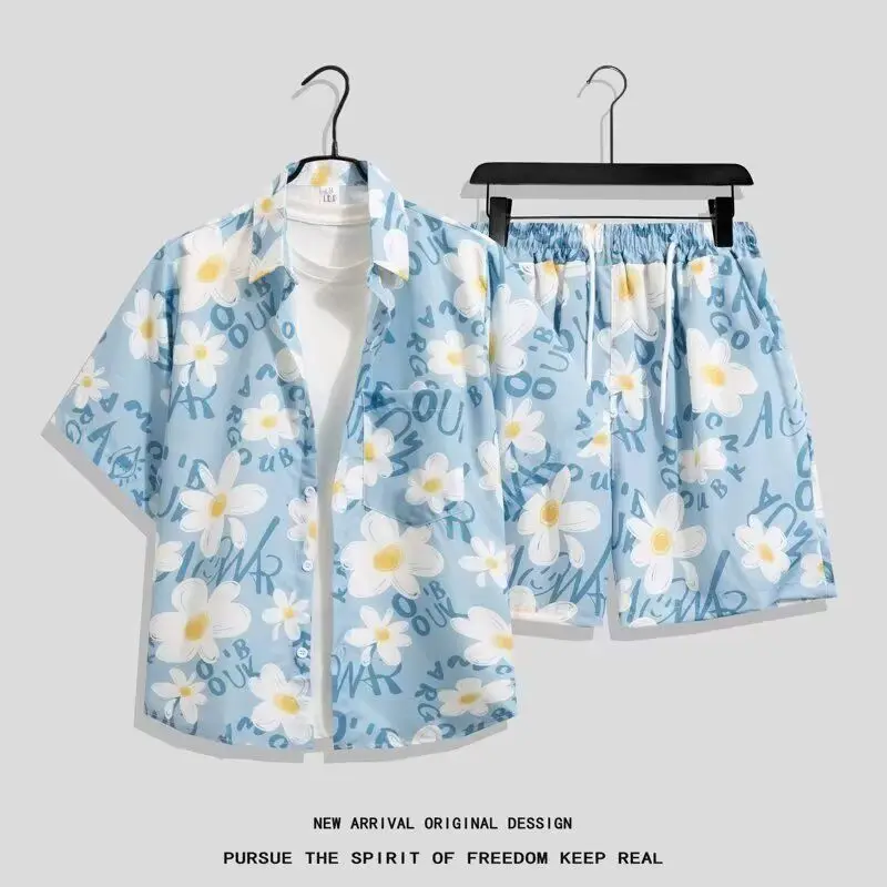

Men's Ice Silk Quick Dry Summer Two Piece Set Loose Fit Floral Print Beach Shorts Shirts Couples Matching Casual Activewear