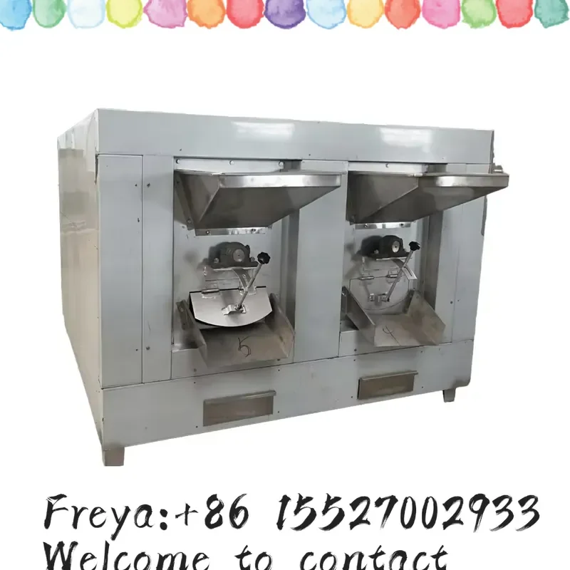 Double Roller Drums Heating Cocoa Bean Peanut Roaster Machine Stainless Steel Uniform Heating for Flour Mill Cocoa Powder