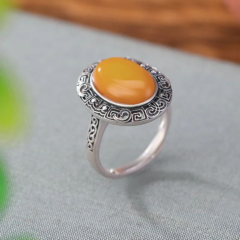 S925 Sterling Silver Amber Vein Hollow Surface National Trend Open Ring