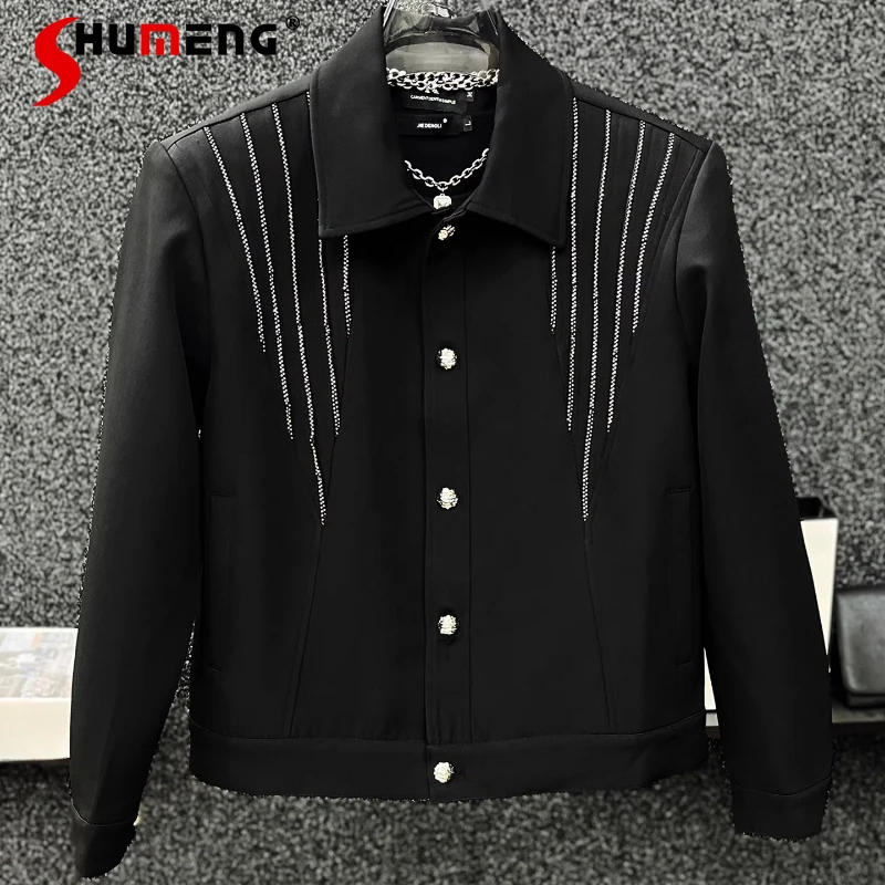 

Men's 2025 Spring Autumn New Stylish Loose Fashion Versatile Coats Male Lapel Short Style Jackets High-End Rhinestone Jackets