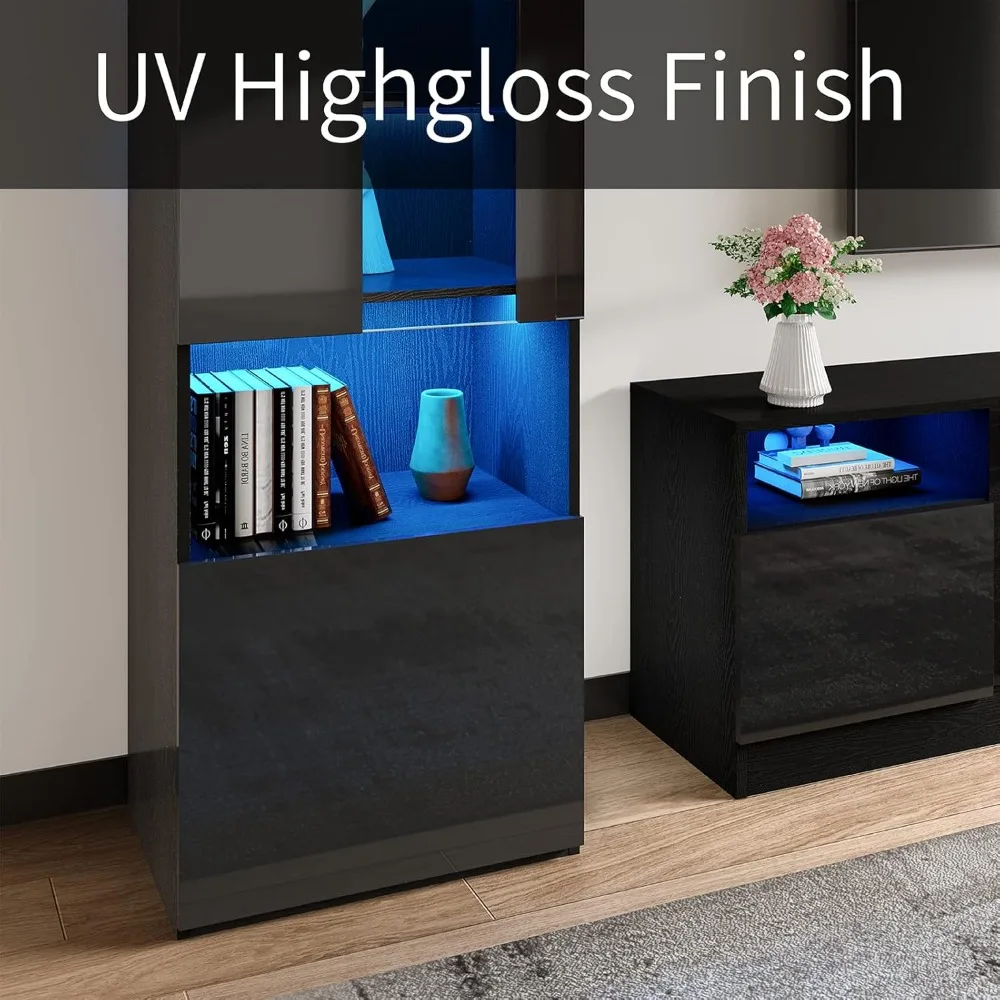 Modern High Gloss Fireplace Entertainment Center Set, Including 80 Inch Fireplace TV Stand and 2 LED High Gloss Bookshelves