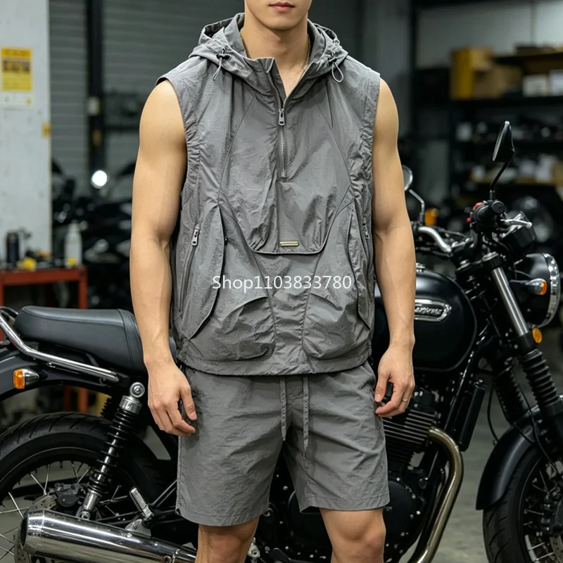 

Men's Sets Summer Motorcycle Casual Fashionable Cool Sleeveless Shirt And Shorts Set Male Trendy Casual Outfit Men Tracksuit 3XL
