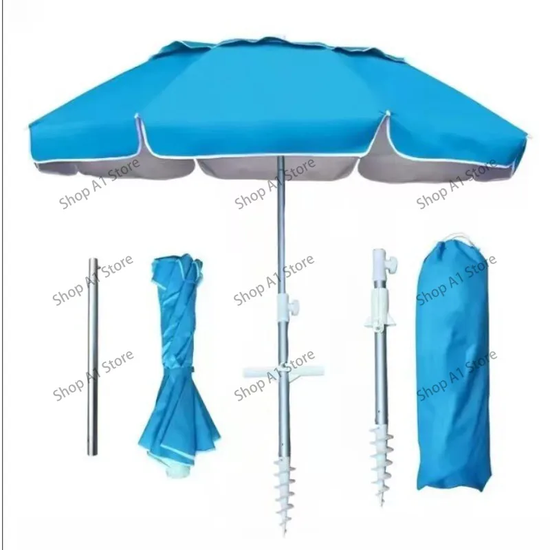 Aluminum Alloy Foldable Beach Umbrella, Telescopic Windproof Parasol with Sand Anchor & Adjustable Steering