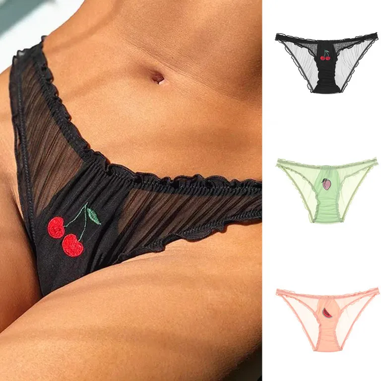 

Transparent Mesh Underwear Ruffle Edge Embroidery Cute Mesh Lace Sexy Triangle Pants Embroidered with Fruit Cherry/watermelon