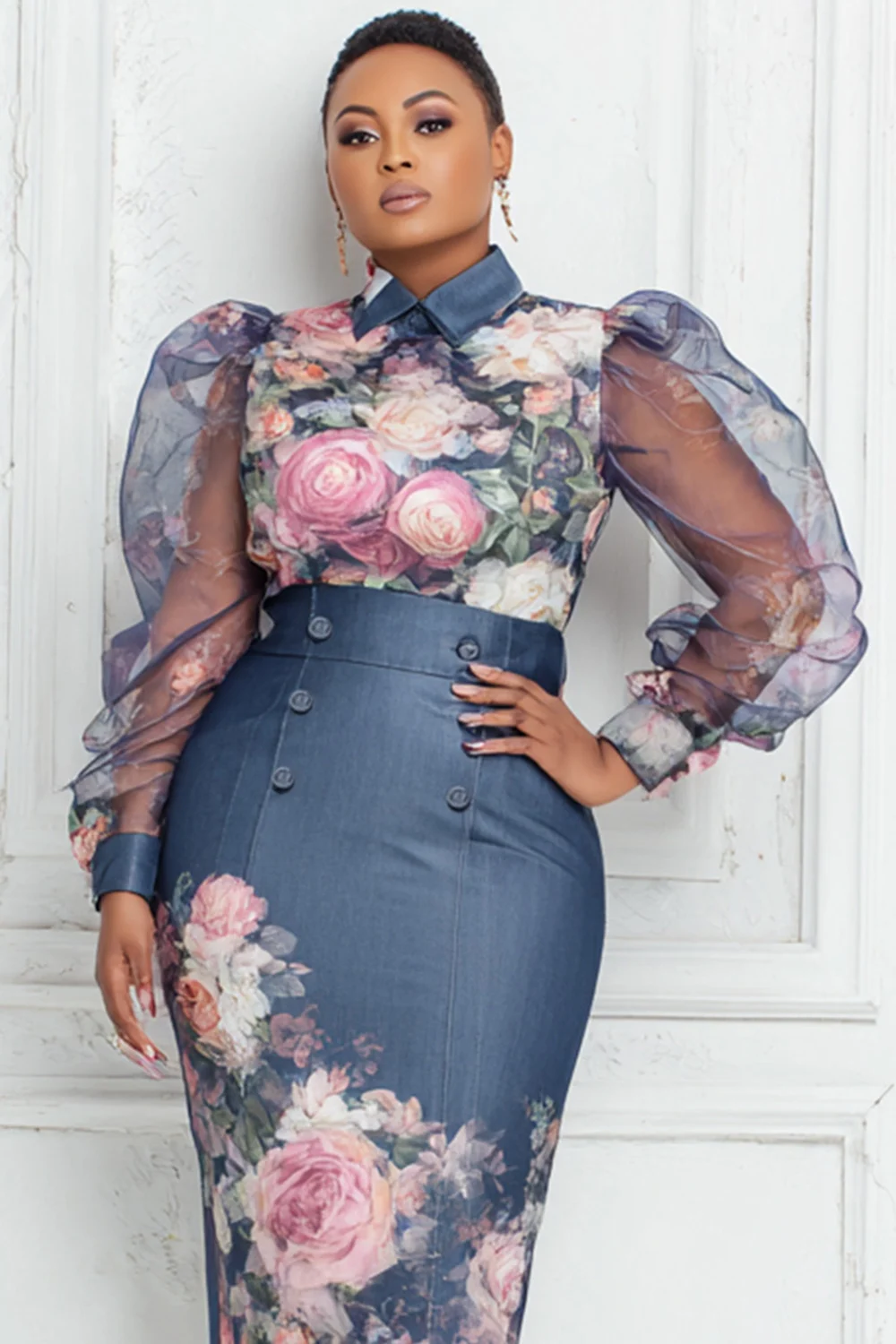 بالإضافة إلى حجم شبه رسمي الأزرق الأزهار قميص طوق فانوس كم طويل انظر من خلال خمر Bodycon تول قطعتين تنورة مجموعات #2