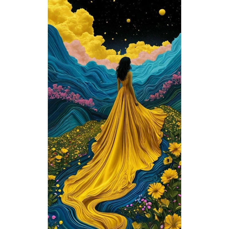 

500/1000/1200/2000 PCS Jigsaw Puzzles Scenery Woman in a Long Yellow Dress Family Activity Games for Gameroom Bedroom Home Decor