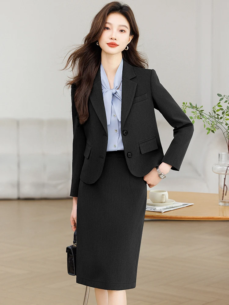 

Fashionable Professional Women's Suit Set Short Skirt Two-Piece Interview Outfit Polyester Fiber Long Sleeve Button up