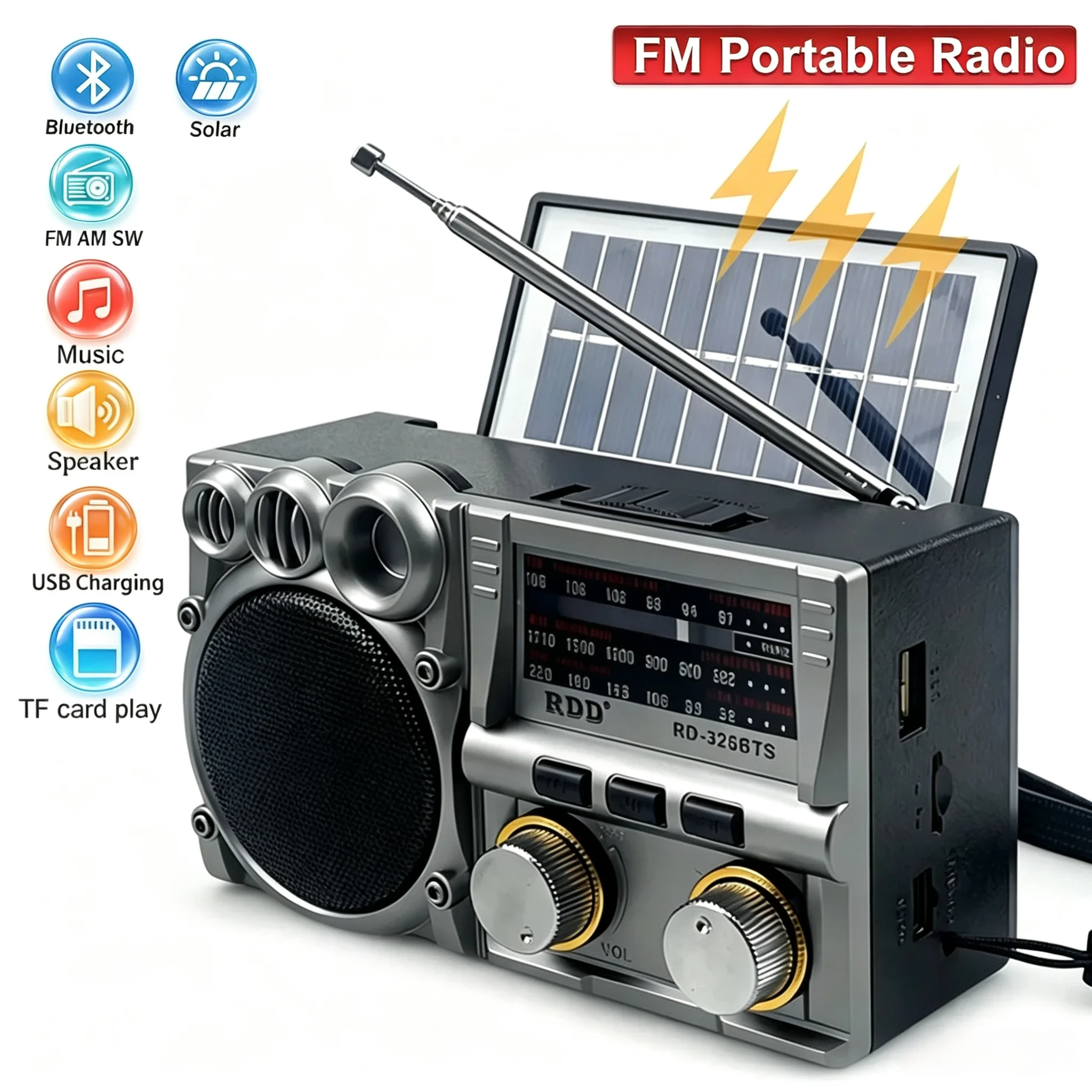 Portable Emergency Radio Vintage Solar Charging FM AM SW Radios Rechargeable Bluetooth Speaker TF Card USB Slot Full Band Radio