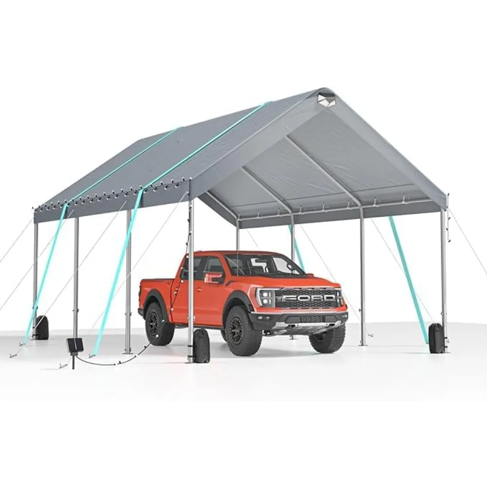 

10x20 Carport Canopy with Adjustable Peak Height From 9.5ft To 11ft with Bindings, Sandbags, Stake and Lights，Portable Garage