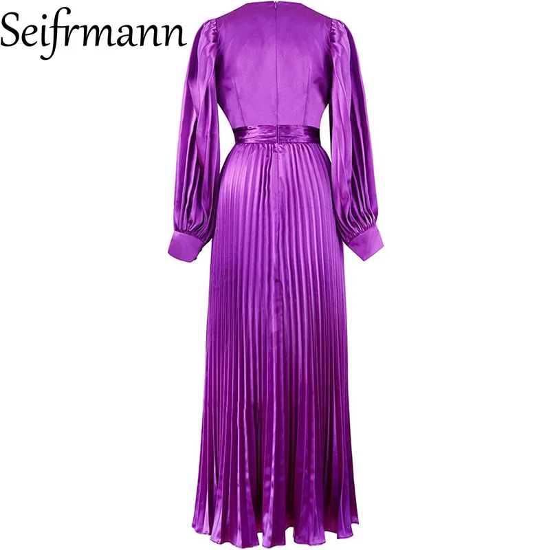 Seifrmann-Vestido largo ajustado con diseño de moda para mujer, vestidos largos empalmados plisados con cuello en V y mangas acampanadas para fiesta y graduación