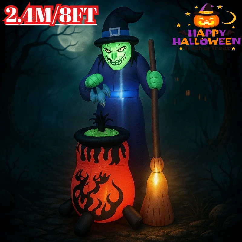 8FT ฮาโลวีน Inflatables ของเล่นตกแต่งกลางแจ้งแม่มดหมุนอัตโนมัติหม้อไฟ LED ในตัว YARD Garden Holiday Decor