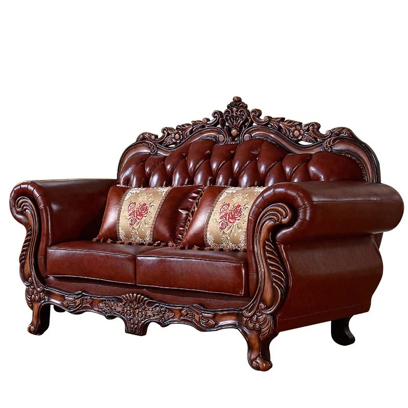 High quality European style wood carved leather sofa furniture hot selling luxury brown retro palace leather sofa