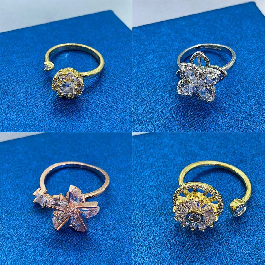 Fidget Spinner Rings Anxiety for Women Multiple Crystal Flower Windmill Money Bag Fox Ring Rotate Anti Stress Wedding Jewerly