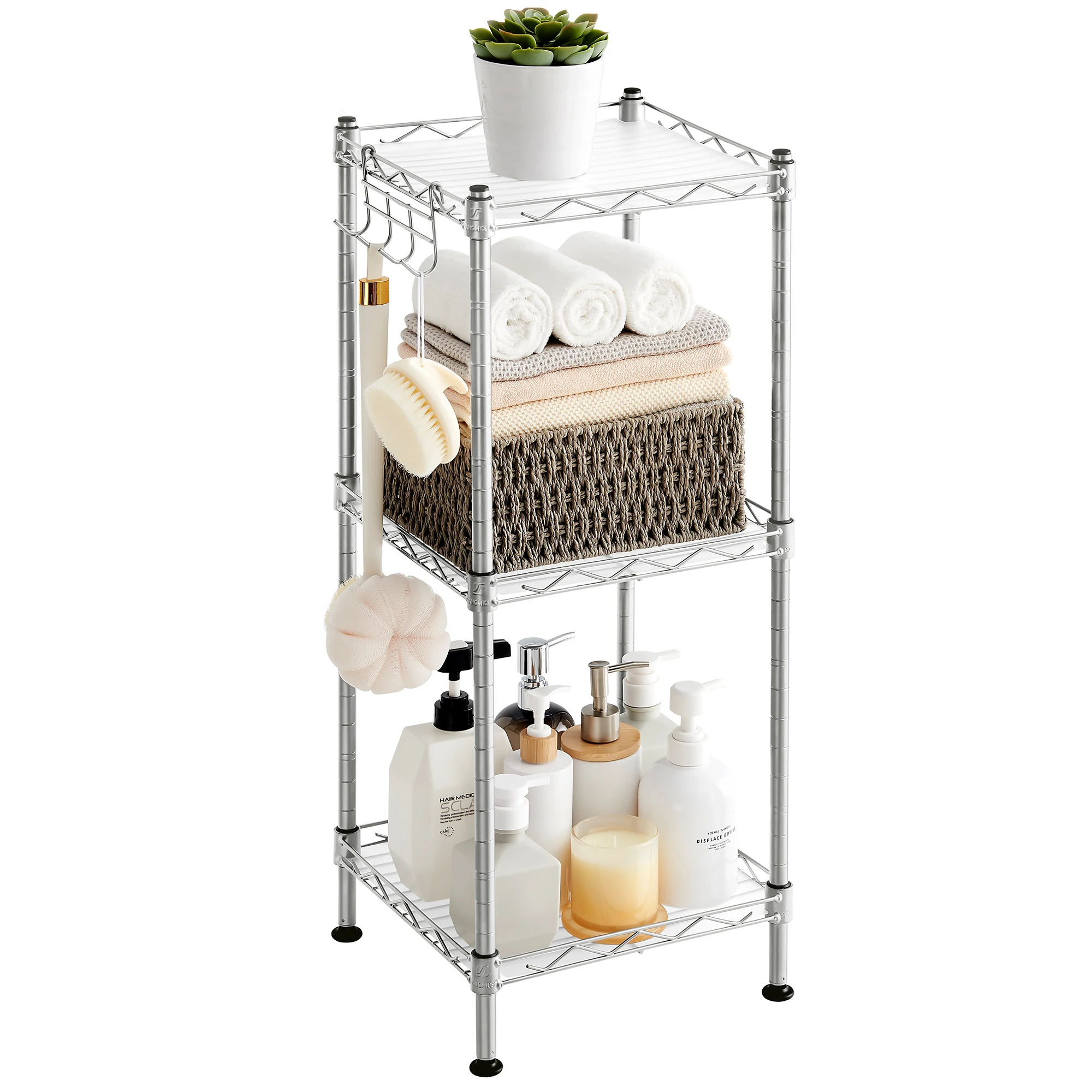 SONGMICS 3-Tier Bathroom Shelf, Storage Rack for Small Space, with 3 PP Shelf Liners, Removable Hook, Extendable Design