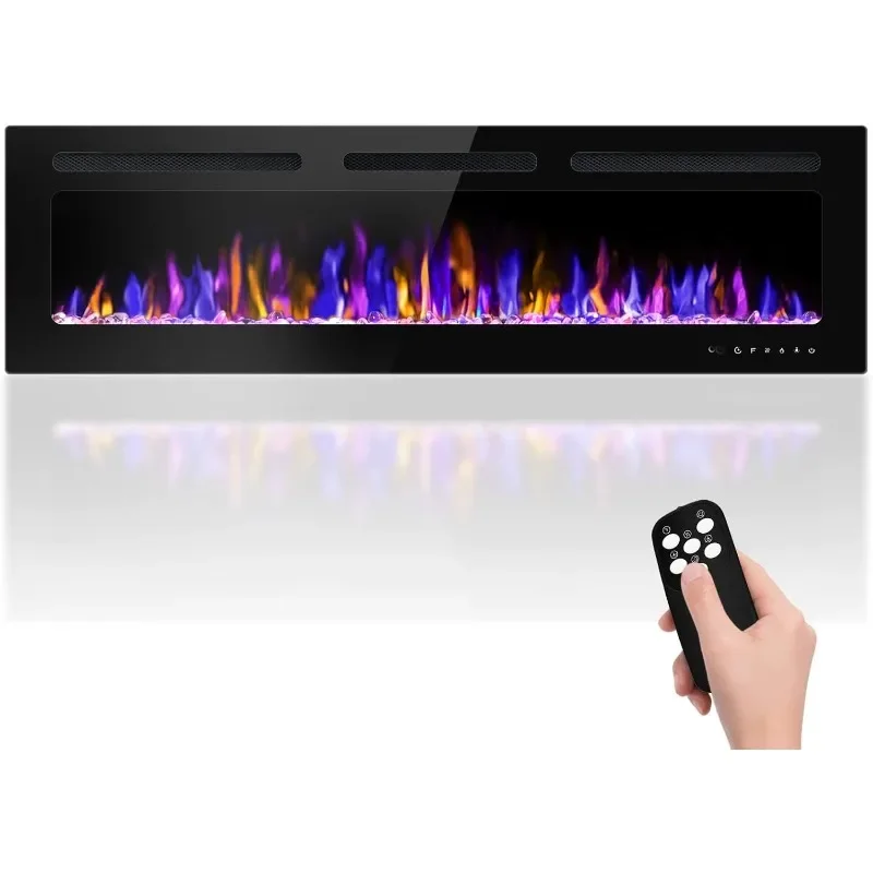 Chimenea eléctrica de 60" montada en la pared e empotrable con control remoto, calentador de chimenea de pared ultrafino de 750/1500 W con temporizador