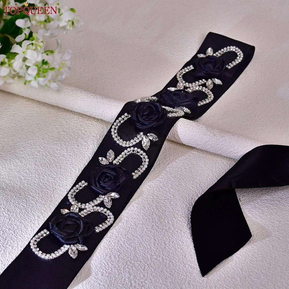 Topqueen cinto de cetim preto de 5cm de largura para mulheres, acessórios de casamento, camisa de roupa de festa com strass de halloween s286