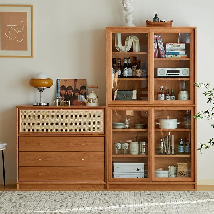Combinação gratuita armário de treliça doméstico madeira maciça cereja armazenamento de vime japonês