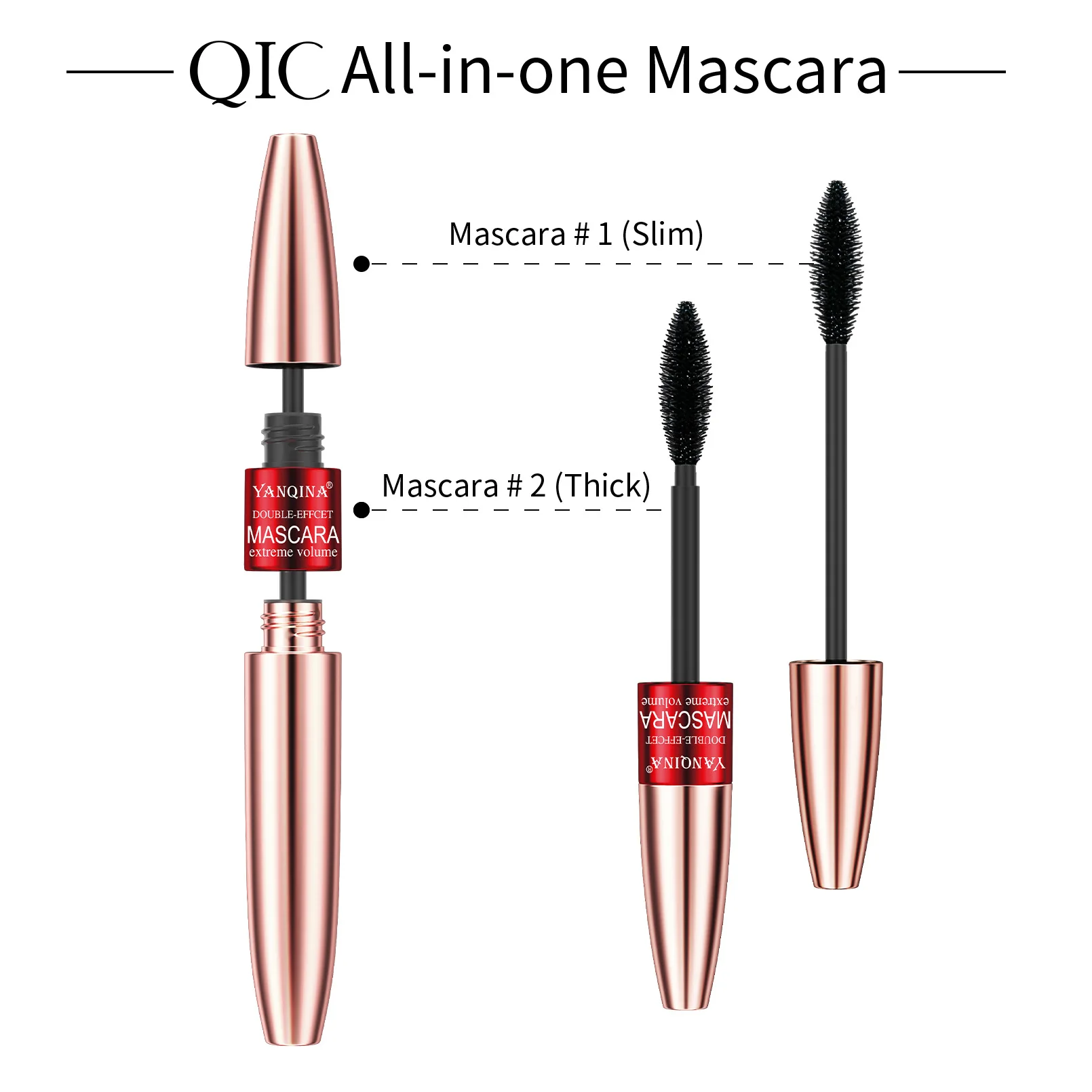 YANQINA 2in1 Mascara Silica Gel Brush Lengthening Curling Densely Waterproof Cool Black Eyelash Growth Solution Makeup