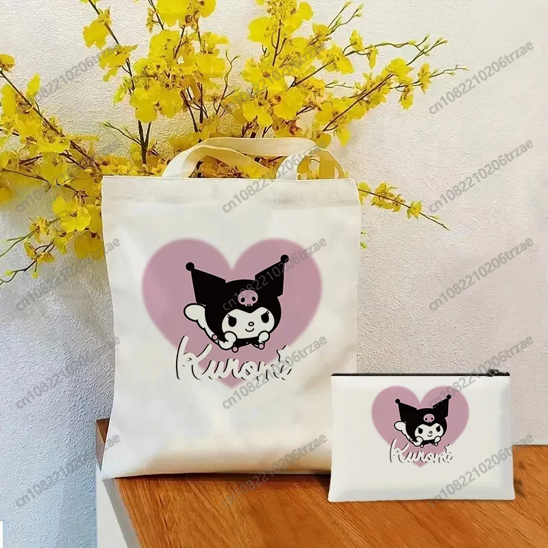 

Women Package Elegant Canvas Bag Set Makeup Bag Sanrio Kuromi Heart Handbags Shoulder Bags Casual Shopping Girls Handbag