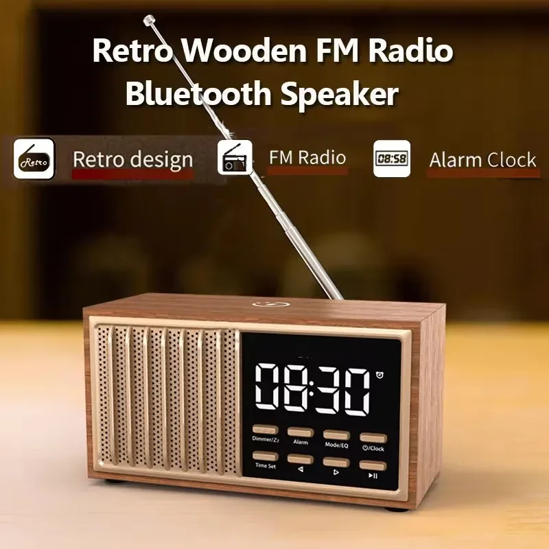 Vintage Portable Wooden FM Digital Radio Bluetooth Speaker with Wireless Charger Bedside Alarm Clock Handsfree Call Music Player