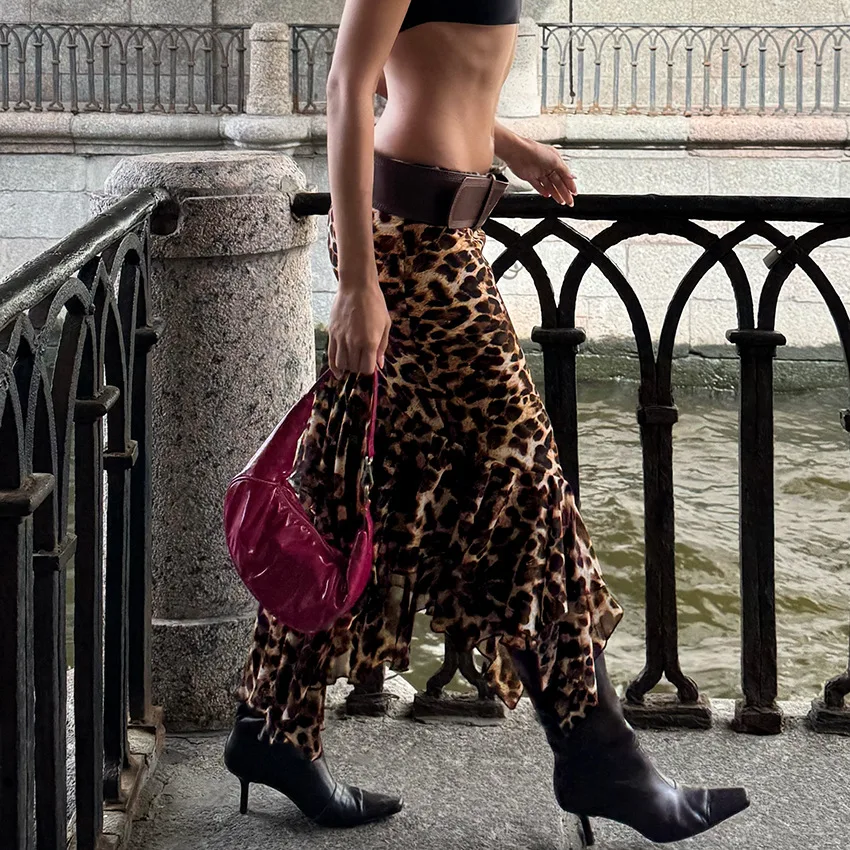 Women Leopard Irregular Skinny Skirts Ruffle Slit Skirt Ankle Lenth A Line High Waist Slim Fit Elegant Casual 2026 Spring Summer
