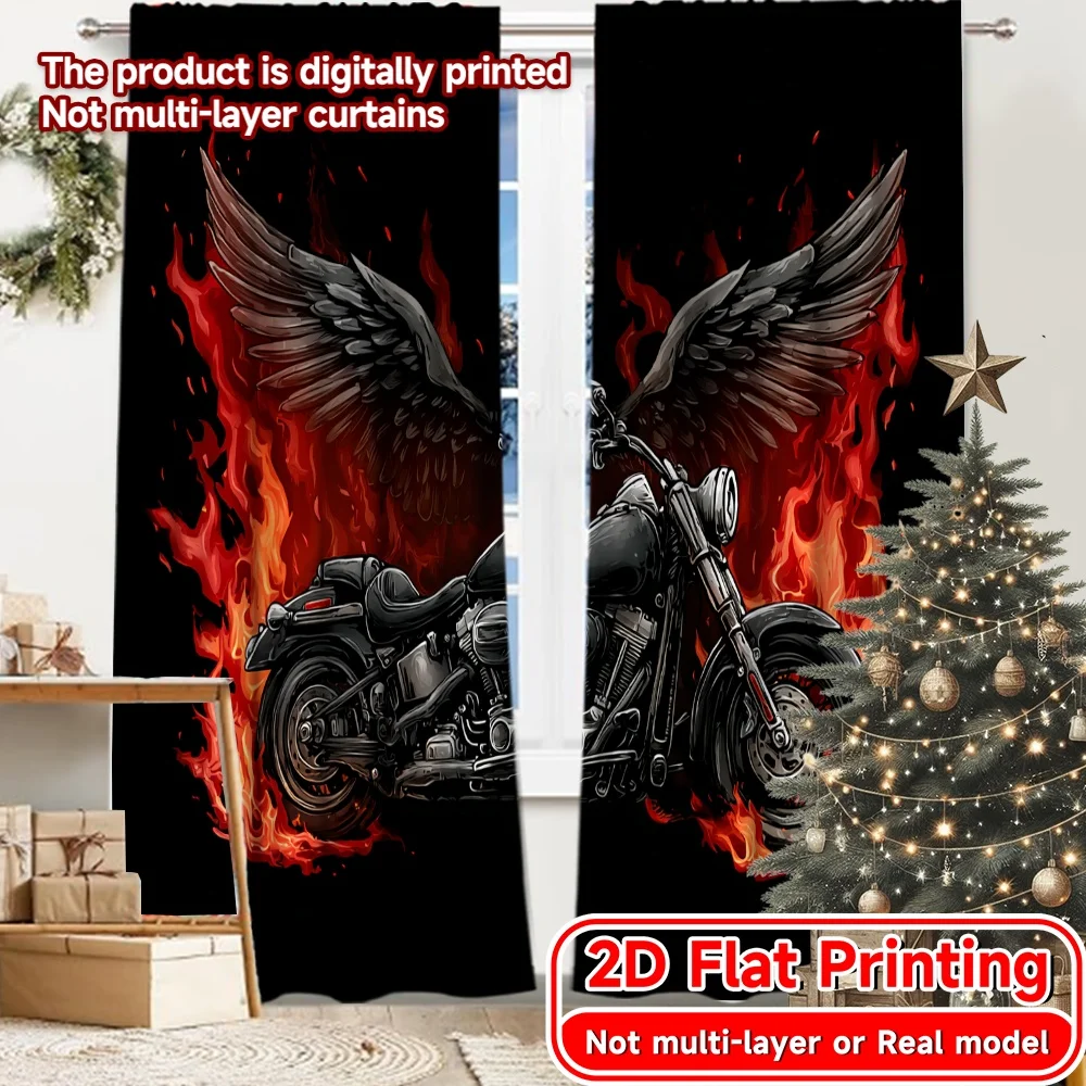 2D FLAT PRINTING 2pcs Curtains (Without Rod) Flames and Wings Motorcycle Design April Fools is Day holiday curtains with digital
