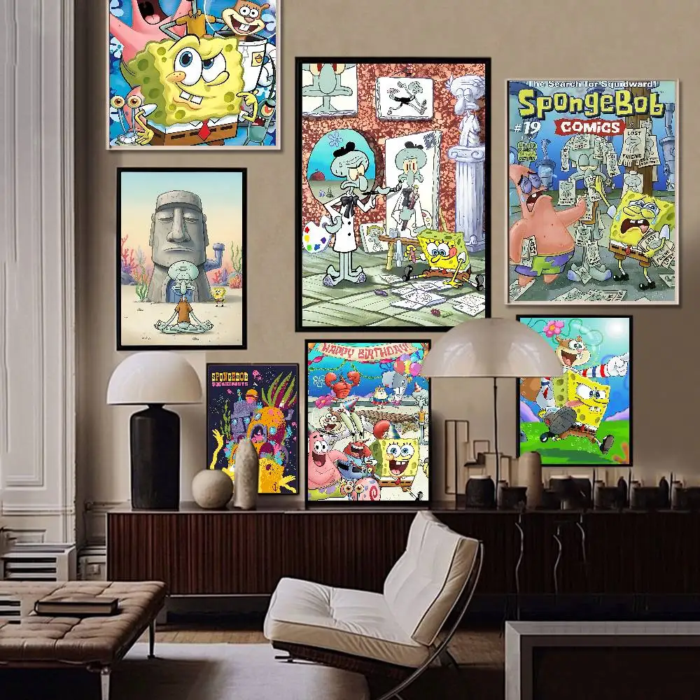 Cartoon Cute S-SpongeBob Good Quality Prints and Posters Waterproof Paper Sticker Coffee House Bar Posters Wall Stickers