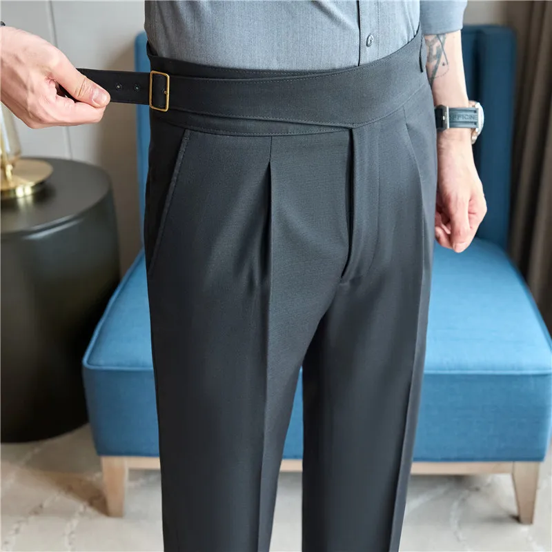 Autumn Lesser Casual Suit Pants Men High Waistband Decoration Business Office Social Formal Pants Wedding Party Trousers