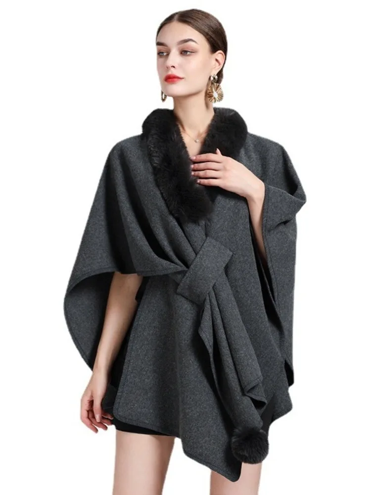 

14 Colors New In 2025 Faux Rabbit Fur Collar Cape Shawl Women Loose Knitted Cardigan Coat Female Half Sleeve Ponchos Cloak