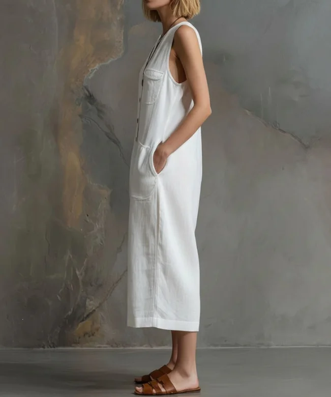 Jumpsuit Women 2026 Spring Summer New Solid Color Round Neck Sleeveless Pocket Design Loose Fit Casual Wide Leg Jumpsuit