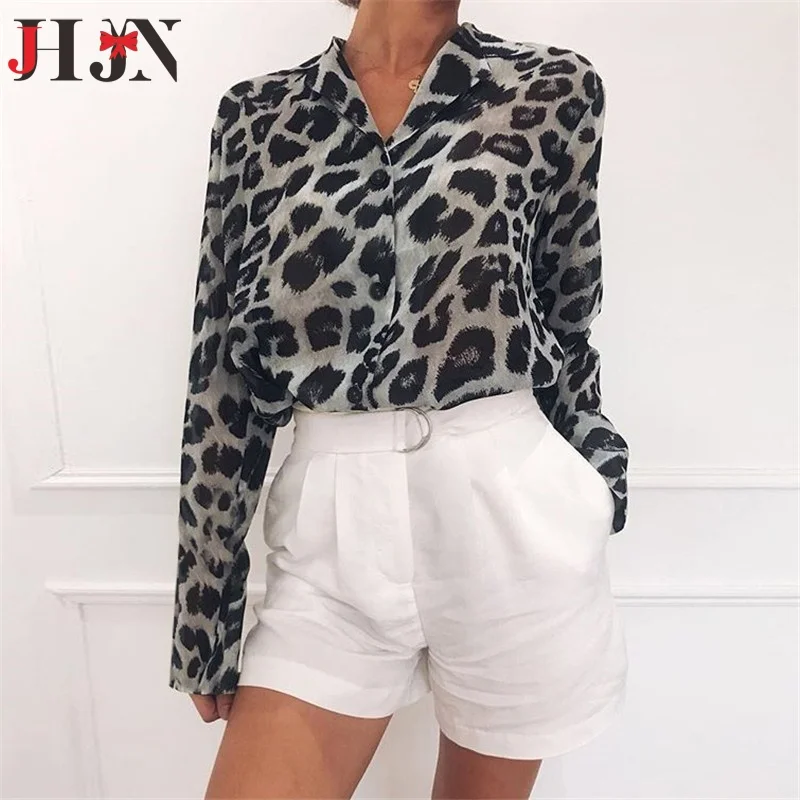 JHJN Chiffon Blouse Long Sleeve Sexy Leopard Print Blouse Turn Down Collar Lady Office Shirt Tunic Casual Loose Tops Oversized